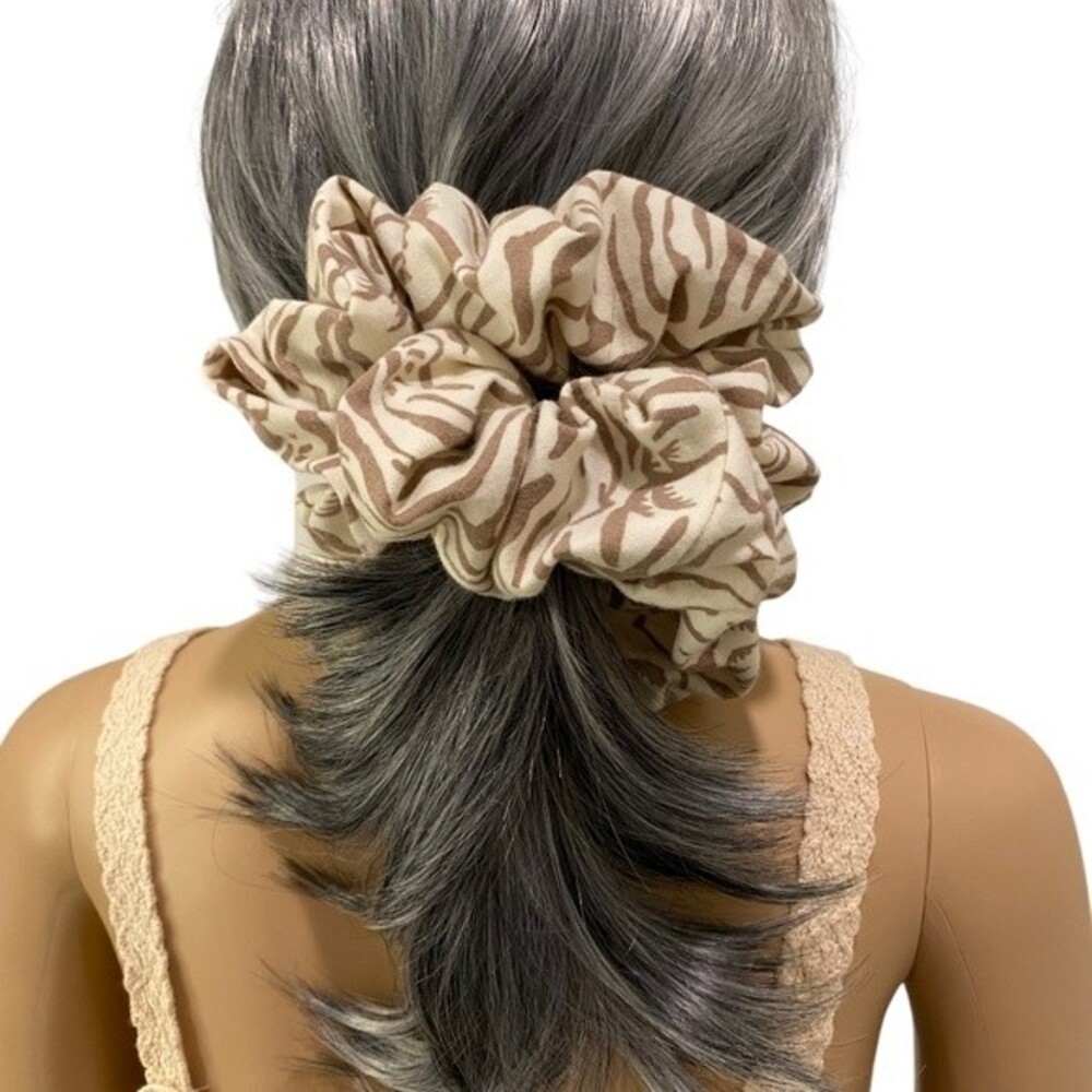Hair Scrunchie. Multicolor.  XL. Tiger Print. Brown/Cream. Animal Print. Chic.